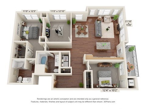 Floor plan for 3 beds, 2 baths, 1399 sqft